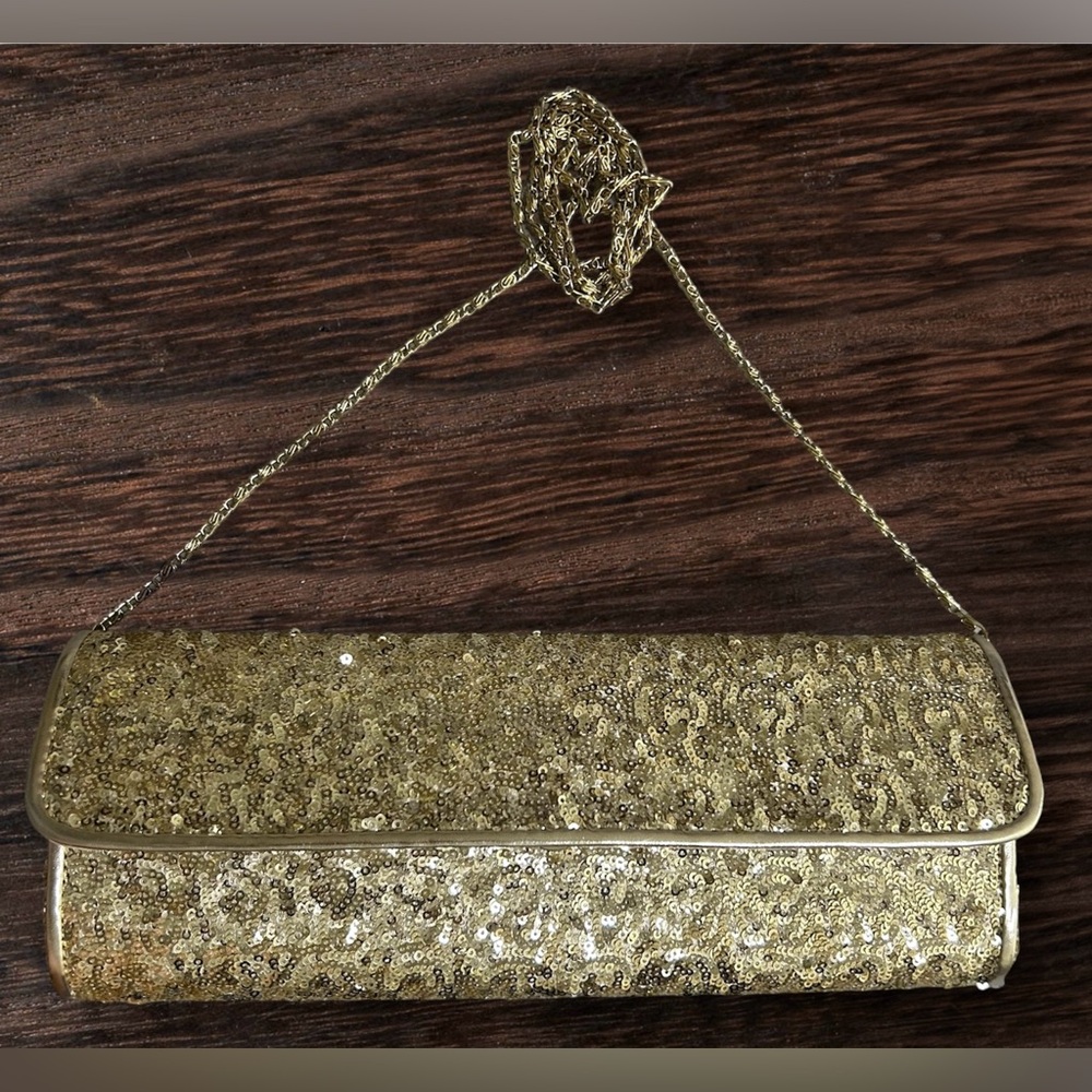 Gold Sequin Clutch/Bag/Party Handbag With Chain Strap by Forever 21